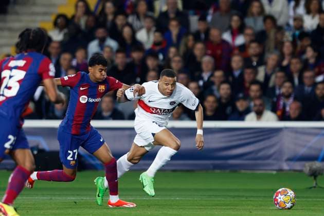 Lamine Yamal (Barcelona), Kylian Mbappe (PSG), APRIL 16, 2024 - Football Soccer : UEFA Champions League round of 8 2nd leg match between FC Barcelona, Barca 1-4 Paris Saint-Germain at the Estadi Olimpic Lluis Companys in Barcelona, Spain. Noxthirdxpartyxsales  (250393623)
