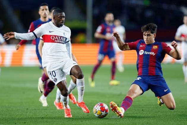 Ousmane Dembele (PSG), Pau Cubarsi (Barcelona), APRIL 16, 2024 - Football Soccer : UEFA Champions League round of 8 2nd leg match between FC Barcelona, Barca 1-4 Paris Saint-Germain at the Estadi Olimpic Lluis Companys in Barcelona, Spain. Noxthirdxpartyxsales  (250393685)