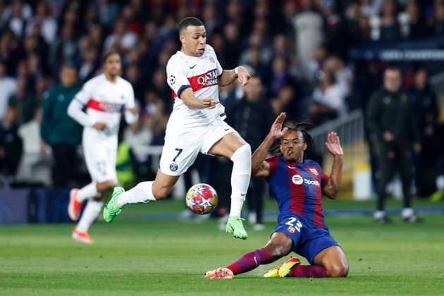 Kylian Mbappe (PSG), Jules Kounde (Barcelona), APRIL 16, 2024 - Football Soccer : UEFA Champions League round of 8 2nd leg match between FC Barcelona, Barca 1-4 Paris Saint-Germain at the Estadi Olimpic Lluis Companys in Barcelona, Spain. Noxthirdxpartyxsales  (250393760)