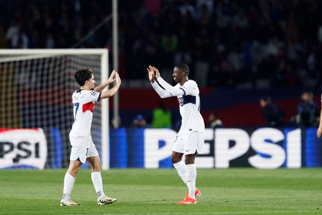 Vitinha, Ousmane Dembele (PSG), APRIL 16, 2024 - Football Soccer : UEFA Champions League round of 8 2nd leg match between FC Barcelona, Barca 1-4 Paris Saint-Germain at the Estadi Olimpic Lluis Companys in Barcelona, Spain. Noxthirdxpartyxsales  (250393822)
