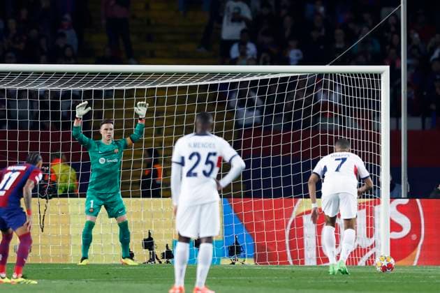Marc-Andre ter Stegen (Barcelona), Kylian Mbappe (PSG), APRIL 16, 2024 - Football Soccer : UEFA Champions League round of 8 2nd leg match between FC Barcelona, Barca 1-4 Paris Saint-Germain at the Estadi Olimpic Lluis Companys in Barcelona, Spain. Noxthirdxpartyxsales  (250393828)