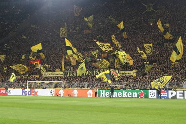 Champions League Borussia Dortmund Atletico Madrid on 16 April 2024 at Signal Iduna Park in Dortmund The Borussia Dortmund fans on the South Stand Suedtribuene present a banner with Welcome to the Westfalenstadion and wave flags MH
