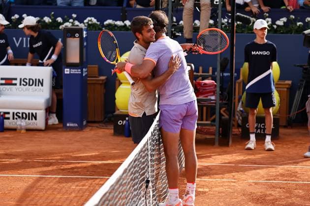 (L-R) Flavio Cobolli (ITA), Rafael Nadal (ESP), APRIL16, 2024 - Tennis : Flavio Cobolli hugs with Nadal after the defeat singles 1st round match on the Barcelona Open Banc Sabadell tennis tournament at the Real Club de Tenis de Barcelona in Barcelona, Spain. Noxthirdxpartyxsales  (250419531)