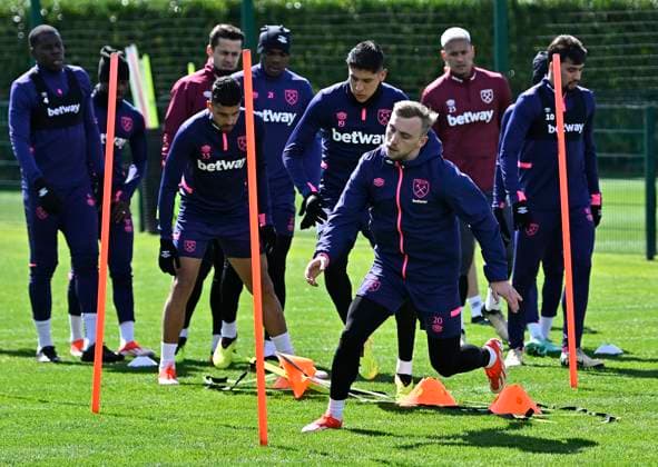 West Ham Training Jarrod Bowen (West Ham) during the West Ham open training session at the West Ham training ground, Romford. Romford West Ham United Training Ground UK Copyright: xMartinxDaltonx WestHam_Training_170424_MD_026