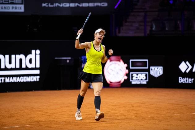 Laura Siegemund GER with victory fist and shout of joy Marta Kostyuk UKR vs Laura Siegemund GER GER Porsche Tennis Grand Prix GP Stuttgart 2024, Porsche Arena, 17 04 2024 GER Porsche Tennis Grand Prix GP Stuttgart 2024 Porsche Arena, 17 04 2024 Stuttgart Copyright: xEibner-Pressefoto RogerxBuerkex EP
