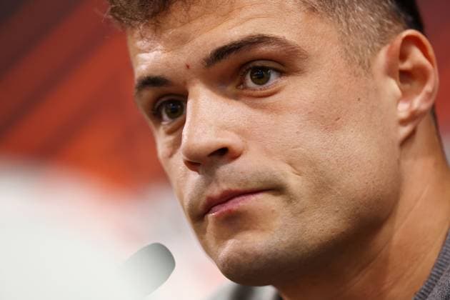 Leverkusen Pressekonferenz 17. April 2024, London EUROPA League Bayer 04 Leverkusen Pressekonferenz Granit Xhaka von Leverkusen Foto Charlotte Wilson Abseits London UK  Copyright: xCharlottexWilsonx xOffsidexOffside