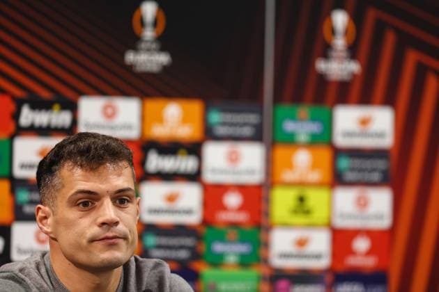 Leverkusen Pressekonferenz 17. April 2024, London EUROPA League Bayer 04 Leverkusen Pressekonferenz Granit Xhaka von Leverkusen Foto Charlotte Wilson Abseits London UK  Copyright: xCharlottexWilsonx xOffsidexOffside