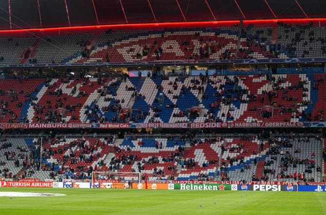 Football, Men, 2023 2024 season, Champions League quarter-final, second leg, FC Bayern Munich Arsenal London, Logo on the stands, 17 04 2024, Copyright: xMatthiasxKochx