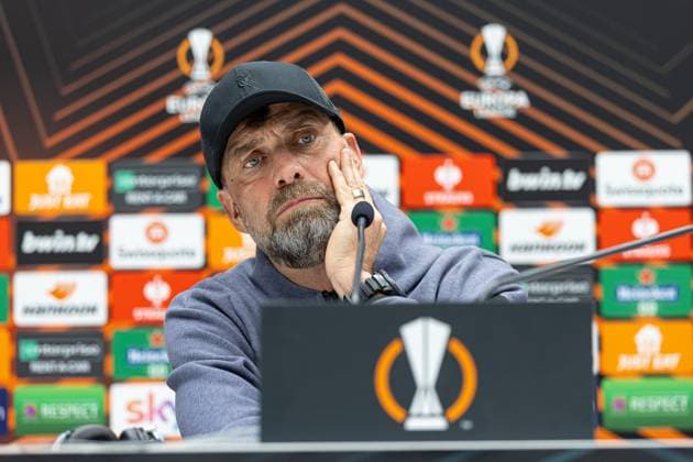 Football - UEFA Europa League - Quarter-Final 2nd Leg - BC Atalanta v Liverpool FC - MD-1 BERGAMO, ITALY - Wednesday, April 17, 2024: Liverpool s manager Jürgen Klopp during a press conference, PK, Pressekonferenz at the Stadio Atleti Azzurri d Italia ahead of the UEFA Europa League Quarter-Final 2nd Leg match between BC Atalanta and Liverpool FC. (Photo by David Rawcliffe Propaganda) BERGAMO Stadio Atleti Azzurri d Italia LOMBARDY ITALY  Copyright: xDavidxRawcliffex P2024-04-17-Atalanta_Liverpool_MD-1-48