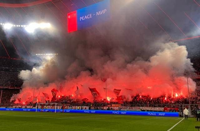17 04 2024, Football UEFA Championsleague 2023 2024 Quarterfinals, FC Bayern Munich FC Arsenal London, in the Allianz Arena Munich Phyros in the South Curve DFL and DFB regulations prohibit any use of photographs as image sequences and or quasi video