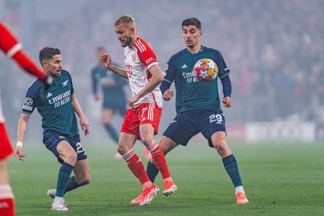 Jorginho FC Arsenal London, 20 Kai Havertz FC Arsenal London, 29 Konrad Laimer FC Bayern Muenchen, 27 FC Bayern Muenchen vs FC Arsenal, Football, UEFA Champions League, Quarterfinal Quarterfinal, 17 04 2024 FC Bayern Muenchen vs FC Arsenal, Football, UEFA Champions League, Quarterfinal Quarterfinal, 17 04 2024 Munich Copyright: xEibner-Pressefoto BahhoxKarax EP_BKA
