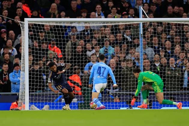 Manchester City v Real Madrid Champions League 17 04 2024. Quarter Final GOAL 0-1 Rodrygo Goes (11) of Real Madrid scores during the Champions League quarter-final second leg match between Manchester City and Real Madrid at the Etihad Stadium, Manchester, England on 17 April 2024. Manchester Etihad Stadium Manchester England Editorial use only , Copyright: xConorxMolloyx PSI-19472-0032