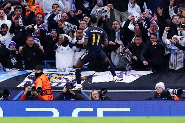 Rodrygo of Real Madrid celebrates scoring a goal for their side to make it 1-0 Manchester City v Real Madrid, UEFA Champions League, Quarter Final, Second Leg, Football, Etihad Stadium, Manchester, UK - 17 Apr 2024 EDITORIAL USE ONLY No use with unauthorised audio, video, data, fixture lists, club league logos or live services. Online in-match use limited to 120 images, no video emulation. No use in betting, games or single club league player publications. Copyright: xMattxWest Shutterstockx 14434933ac