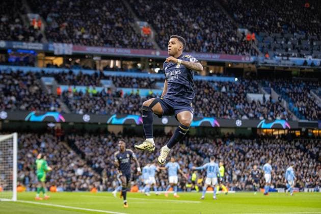 Manchester City v Real Madrid Champions League 17 04 2024. Quarter Final GOAL 0-1 Real Madrid forward Rodrygo (11) scores and celebrates during the Champions League quarter-final second leg match between Manchester City and Real Madrid at the Etihad Stadium, Manchester, England on 17 April 2024. Editorial use only , Copyright: xIanxStephenx PSI-19482-0006