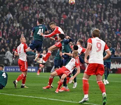 17 04 2024, Football UEFA Championsleague 2023 2024 Quarterfinals, FC Bayern Munich FC Arsenal London, at Allianz Arena Munich Eric Dier FC Bayern Munich vs Declan Rice FC Arsenal DFL and DFB regulations prohibit any use of photographs as image sequences and or quasi video