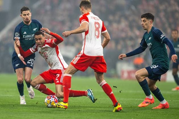 Jorghinho 20 FC Arsenal , Jamal Musiala 42 FC Bayern Muenchen , Leon Goretzka 8 FC Bayern Muenchen , Kai Havertz 29 FC Arsenal , FC Bayern Muenchen vs FC Arsenal, Football, Champions League quarter-final second leg, 17 04 2024 DFB regulations prohibit any use of photographs as image sequences and or quasi video Muenchen Bayern Germany Copyright: xkolbert-press UlrichxGamelx