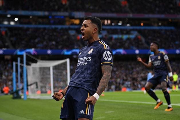 Rodrygo of Real Madrid celebrates his sides first goal during the UEFA Champions League semi final return leg football match between Manchester City and Real Madrid at the Etihad Stadium in Manchester England (Will Palmer SPP) Copyright: xWillxPalmer SPPx spp-en-WiPa-WP6_8909
