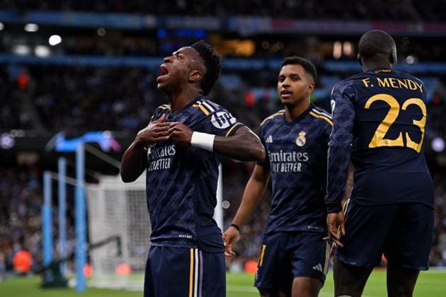 Vinicius Junior of Real Madrid celebrates his sides first goal scored by Rodrygo of Real Madrid (not pictured) during the UEFA Champions League semi final return leg football match between Manchester City and Real Madrid at the Etihad Stadium in Manchester England (Will Palmer SPP) Copyright: xWillxPalmer SPPx spp-en-WiPa-WP6_8941