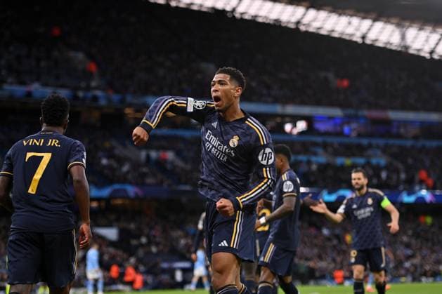 Jude Bellingham of Real Madrid celebrates his sides first goal scored by Rodrygo of Real Madrid (not pictured) during the UEFA Champions League semi final return leg football match between Manchester City and Real Madrid at the Etihad Stadium in Manchester England (Will Palmer SPP) Copyright: xWillxPalmer SPPx spp-en-WiPa-WP6_8972
