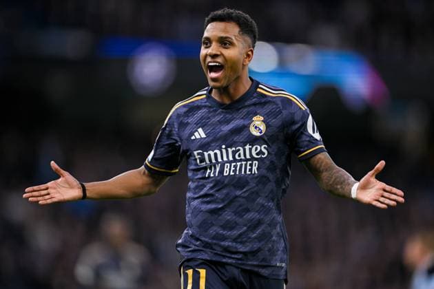 Rodrygo of Real Madrid celebrates his sides first goal during the UEFA Champions League semi final return leg football match between Manchester City and Real Madrid at the Etihad Stadium in Manchester England (Will Palmer SPP) Copyright: xWillxPalmer SPPx spp-en-WiPa-WP9_7901
