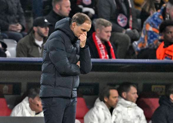 17 04 2024, Football UEFA Championsleague 2023 2024 quarter-finals, FC Bayern Munich FC Arsenal London, in the Allianz Arena Munich Coach Thomas Tuchel FC Bayern Munich pensive DFL and DFB regulations prohibit any use of photographs as image sequences and or quasi video