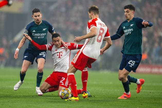 Jorghinho 20 FC Arsenal , Jamal Musiala 42 FC Bayern Muenchen , Leon Goretzka 8 FC Bayern Muenchen , Kai Havertz 29 FC Arsenal , FC Bayern Muenchen vs FC Arsenal, Football, Champions League quarter-final second leg, 17 04 2024 DFB regulations prohibit any use of photographs as image sequences and or quasi video Muenchen Bayern Germany Copyright: xkolbert-press UlrichxGamelx