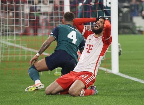 Noussair Mazraoui of Bayern Munich rues a chance for scoring goal Bayern Munich v Arsenal, UEFA Champions League, Quarter Final, Second Leg, Football, Allianz Arena, Munich, Germany - 17 Apr 2024 EDITORIAL USE ONLY No use with unauthorised audio, video, data, fixture lists, club league logos or live services. Online in-match use limited to 120 images, no video emulation. No use in betting, games or single club league player publications.  Copyright: xMichaelxZemanek Shutterstockx 14434936u