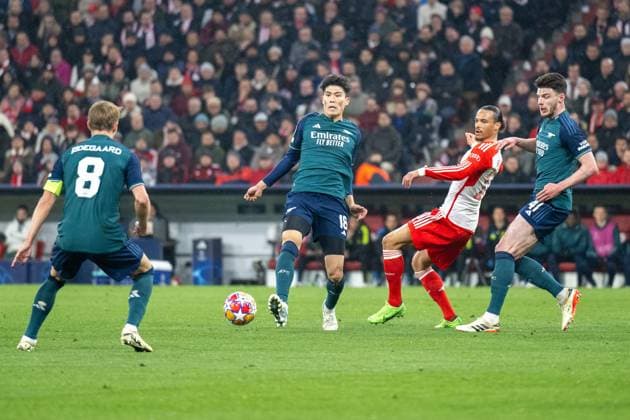 Martin Odegaard 8 FC Arsenal , Takehiro Tomiyasu 18 FC Arsenal , Leroy Sane 10 FC Bayern Muenchen , Declan Rice 41 FC Arsenal , FC Bayern Muenchen vs FC Arsenal, Football, Champions League quarter-final second leg, 17 04 2024 DFB regulations prohibit any use of photographs as image sequences and or quasi video Muenchen Bayern Germany Copyright: xkolbert-press UlrichxGamelx