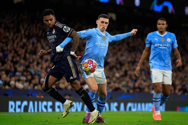 Manchester City v Real Madrid Champions League 17 04 2024. Quarter Final Rodrygo Goes (11) of Real Madrid and Phil Foden (47) of Manchester City challenge for the ball during the Champions League quarter-final second leg match between Manchester City and Real Madrid at the Etihad Stadium, Manchester, England on 17 April 2024. Manchester Etihad Stadium Manchester England Editorial use only , Copyright: xConorxMolloyx PSI-19472-0049