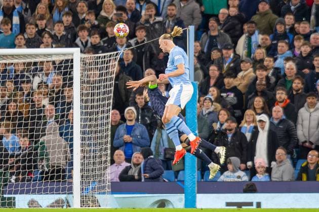 Manchester City v Real Madrid Champions League 17 04 2024. Quarter Final Manchester City forward Erling Haaland (9) heads at goal during the Champions League quarter-final second leg match between Manchester City and Real Madrid at the Etihad Stadium, Manchester, England on 17 April 2024. Editorial use only , Copyright: xIanxStephenx PSI-19482-0019
