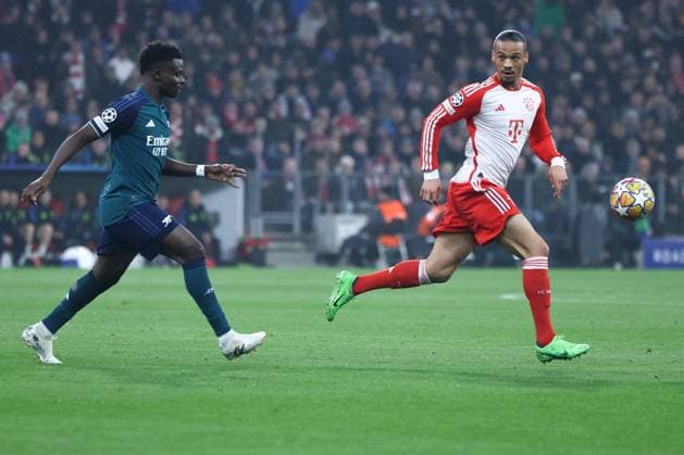 Soccer Champions League quarterfinal FC Bayern Munich FC Arsenal on 17 04 2024 at the Allianz Arena in Munich Bukayo Saka London , left Leroy Sane Munich , right xMSx