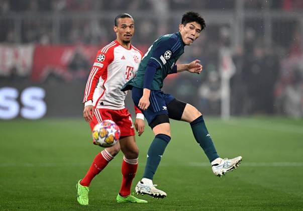 FOOTBALL CHAMPIONS LEAGUE SEASON 2023 2024 Quarter-final second leg FC Bayern Muenchen FC Arsenal London 17 04 2024 Leroy Sane left, FC Bayern Muenchen v Takehiro Tomiyasu right, FC Arsenal London