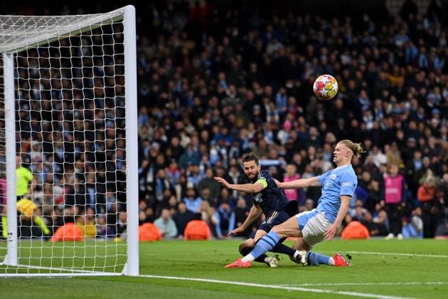 Erling Haaland of Manchester City attempts at goal during the UEFA Champions League semi final return leg football match between Manchester City and Real Madrid at the Etihad Stadium in Manchester England (Will Palmer SPP) Copyright: xWillxPalmer SPPx spp-en-WiPa-WP6_9133