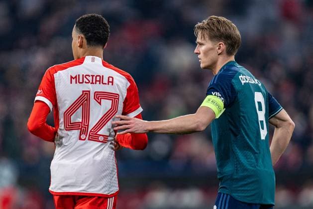 Martin Oedegaard FC Arsenal London, 8 Jamal Musiala FC Bayern Muenchen, 42 FC Bayern Muenchen vs FC Arsenal, Football, UEFA Champions League, Quarter-final quarter-final, 17 04 2024 FC Bayern Muenchen vs FC Arsenal, Football, UEFA Champions League, Quarter-final quarter-final, 17 04 2024 Munich Copyright: xEibner-Pressefoto BahhoxKarax EP_BKA