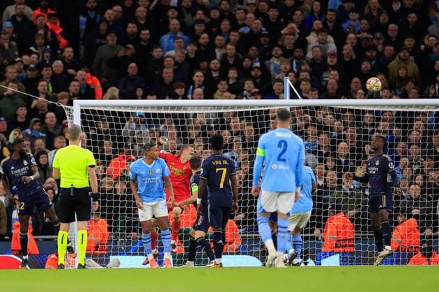 Manchester City v Real Madrid Champions League 17 04 2024. Quarter Final Eduardo Camavinga (12) of Real Madrid heads the ball off the line during the Champions League quarter-final second leg match between Manchester City and Real Madrid at the Etihad Stadium, Manchester, England on 17 April 2024. Manchester Etihad Stadium Manchester England Editorial use only , Copyright: xConorxMolloyx PSI-19472-0052