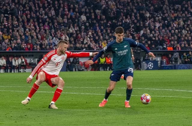 Football, Men, Season 2023 2024, Champions League quarter-final, second leg , FC Bayern Munich Arsenal London, v l Eric Dier FC Bayern Munich , Kai Havertz FC Arsenal , 17 04 2024, Copyright: xMatthiasxKochx