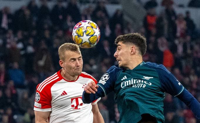 Football, Men, Season 2023 2024, Champions League quarter-final, second leg , FC Bayern Munich Arsenal London, v l Matthijs de Ligt FC Bayern Munich , Kai Havertz FC Arsenal , 17 04 2024, Copyright: xMatthiasxKochx