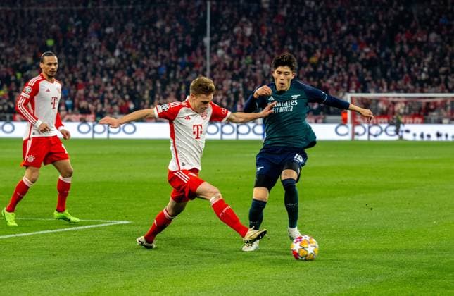 Football, Men, 2023 2024 season, Champions League quarter-final, second leg , FC Bayern Munich Arsenal London, v l Leroy Sane FC Bayern Munich , Joshua Kimmich FC Bayern Munich , Takehiro Tomiyasu FC Arsenal , 17 04 2024, Copyright: xMatthiasxKochx