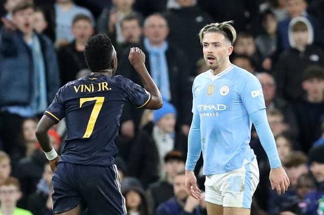 17th April 2024; Etihad Stadium, Manchester, England; Champions League Football, Quarter Final, Manchester City versus Real Madrid; Vinicius Junior of Real Madrid argues with Jack Grealish of Manchester City  ActionPlus12631419 DavidxBlunsden