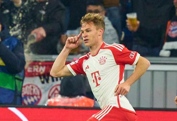 Joshua KIMMICH, FCB 6 scores, shoots goal , Tor, Treffer, Torschuss, 1-0, celebrates his goal, happy, laugh, celebration, in the quarter final match FC BAYERN MUENCHEN - FC ARSENAL LONDON of football UEFA Champions League in season 2023 2024 in Munich, Apr 17, 2024. Viertelfinale,, FCB, München