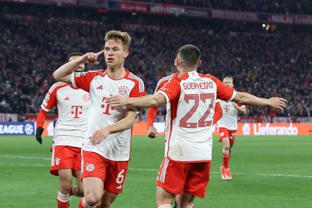 Goal celebration by Joshua Kimmich 6 FC Bayern Muenchen for 1 0, FC Bayern Muenchen vs FC Arsenal, Champions League, football, quarter-final, second leg, 17 04 2024 Muenchen Bayern Germany Copyright: xkolbert-press ChristianxKolbertx