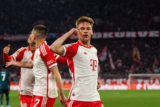 Munich, Germany, April 17th 2024: Joshua Kimmich (6 Bayern Munich) celebrates with teammates after scoring his team s first goal during the UEFA Champions League quarterfinal football match between FC Bayern Munich and Arsenal FC at Allianz Arena in Munich, Germany. (Daniela Porcelli SPP) Copyright: xDanielaxPorcellix xSPPx spp-en-DaPoSp-20240417-DP301291-2