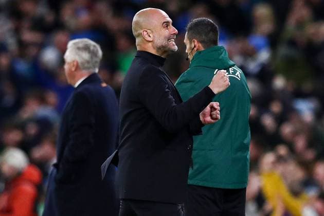 Manchester City manager Pep Guardiola celebrates the goal of Kevin De Bruyne of Manchester City to make it 1-1 Manchester City v Real Madrid, UEFA Champions League, Quarter Final, Second Leg, Football, Etihad Stadium, Manchester, UK - 17 Apr 2024 EDITORIAL USE ONLY No use with unauthorised audio, video, data, fixture lists, club league logos or live services. Online in-match use limited to 120 images, no video emulation. No use in betting, games or single club league player publications. Copyright: xMattxWest Shutterstockx 14434933br