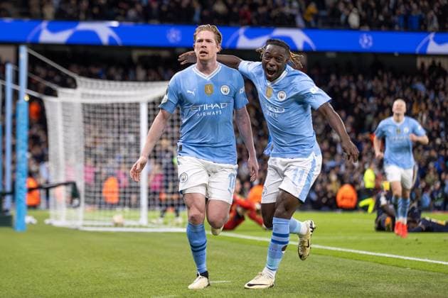 Manchester City v Real Madrid Champions League 17 04 2024. Quarter Final GOAL 1-1 Manchester City midfielder Kevin De Bruyne (17) scores and celebrates during the Champions League quarter-final second leg match between Manchester City and Real Madrid at the Etihad Stadium, Manchester, England on 17 April 2024. Editorial use only , Copyright: xIanxStephenx PSI-19482-0035
