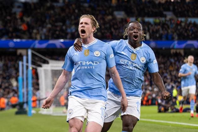Manchester City v Real Madrid Champions League 17 04 2024. Quarter Final GOAL 1-1 Manchester City midfielder Kevin De Bruyne (17) scores and celebrates during the Champions League quarter-final second leg match between Manchester City and Real Madrid at the Etihad Stadium, Manchester, England on 17 April 2024. Editorial use only , Copyright: xIanxStephenx PSI-19482-0036