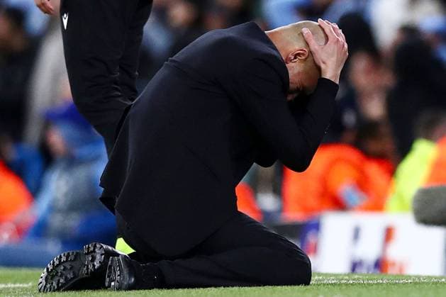 Sport Bilder des Tages Manchester City manager Pep Guardiola reacts to a missed opportunity from Kevin De Bruyne of Manchester City Manchester City v Real Madrid, UEFA Champions League, Quarter Final, Second Leg, Football, Etihad Stadium, Manchester, UK - 17 Apr 2024 EDITORIAL USE ONLY No use with unauthorised audio, video, data, fixture lists, club league logos or live services. Online in-match use limited to 120 images, no video emulation. No use in betting, games or single club league player publications. Copyright: xMattxWest Shutterstockx 14434933by