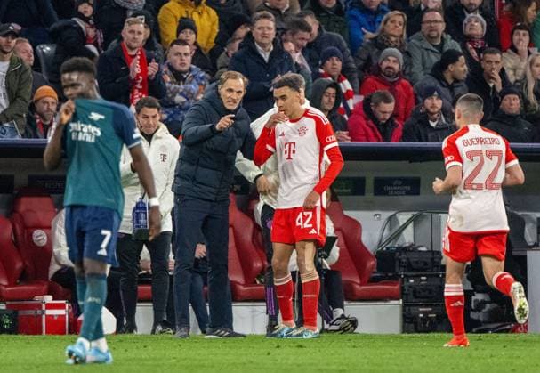 Football, Men, Season 2023 2024, Champions League quarter-final, second leg , FC Bayern Munich Arsenal London, v l Bukayo Saka FC Arsenal , Coach Thomas Tuchel FC Bayern Munich , Jamal Musiala FC Bayern Munich , Raphael Guerreiro FC Bayern Munich , 17 04 2024, Copyright: xMatthiasxKochx
