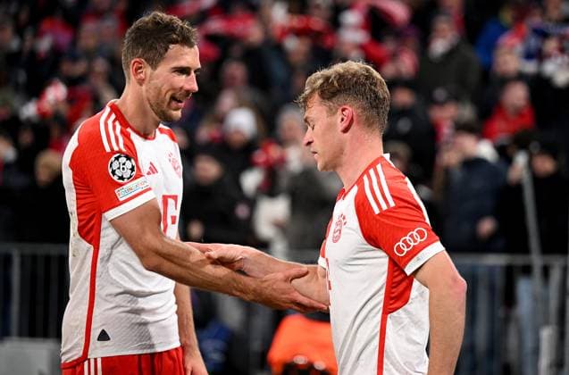 FOOTBALL CHAMPIONS LEAGUE SEASON 2023 2024 Quarter-final second leg FC Bayern Muenchen FC Arsenal London 17 04 2024 FC Bayern Muenchen cheering after the 1 0 goal Goal scorer Joshua Kimmich right with Leon Goretzka left