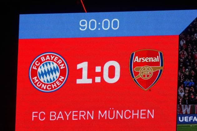 Football, Men, 2023 2024 season, Champions League quarter-final, second leg , FC Bayern Munich Arsenal London, Scoreboard with 1 0 final score, 17 04 2024, Copyright: xMatthiasxKochx