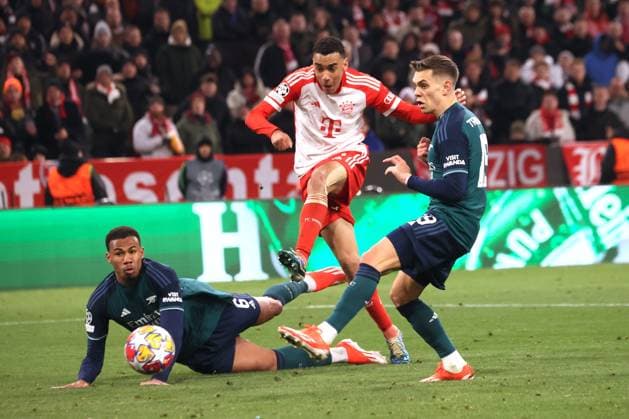 Goal chance Bayern 42 Jamal MUSIALA Football, Bayern Munich Arsenal London Football, UEFA Champions League, FC Bayern Munich FC Arsenal London, quarter-final, second leg, 2023 2024 season On 17 04 2024, in Munich, Germany, A L L I A N Z A R E N A Source Copyright Credit Oryk HAIST xFUSSBALL-BAYERN-ARSENALx